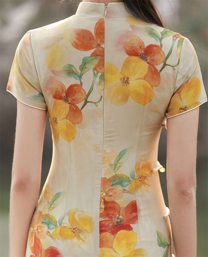 2023 Floral Linen Midi Cheongsam Qipao Dress