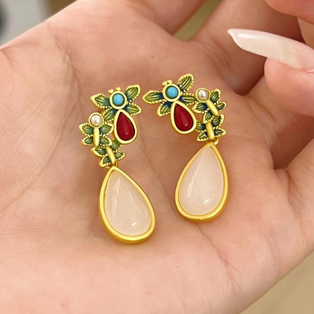 Gold Plated Butterfly Jade Drop Dangle Earrings