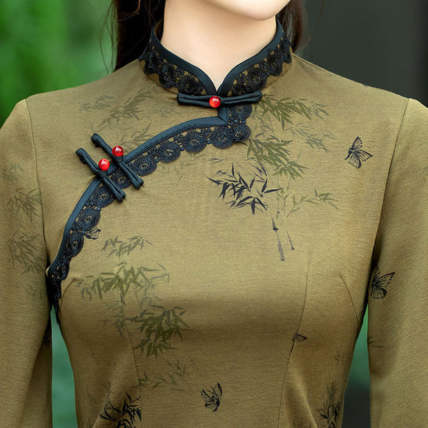 Green Lace Trim Cheongsam Blouse Top