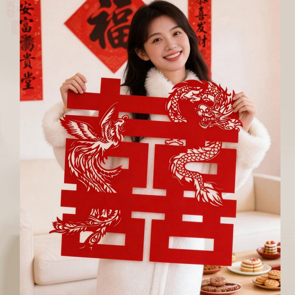Chinese Dragon Phoenix Double Happiness Paper Cut Wedding Decoration