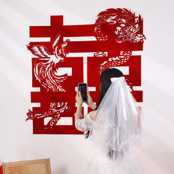 Chinese Dragon Phoenix Double Happiness Paper Cut Wedding Decoration