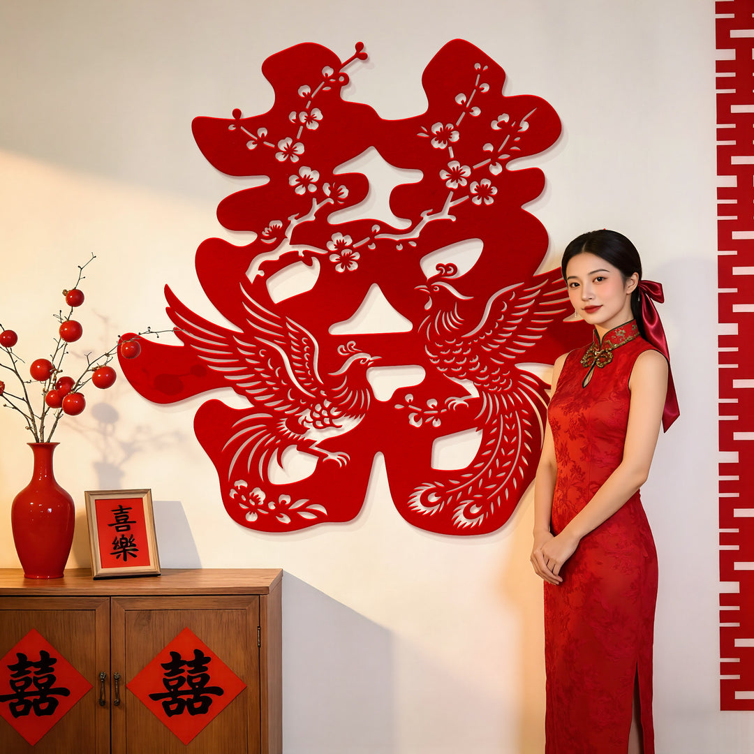 Chinese Double Happiness Wall Decoration with Magpie Plum Blossom Design
