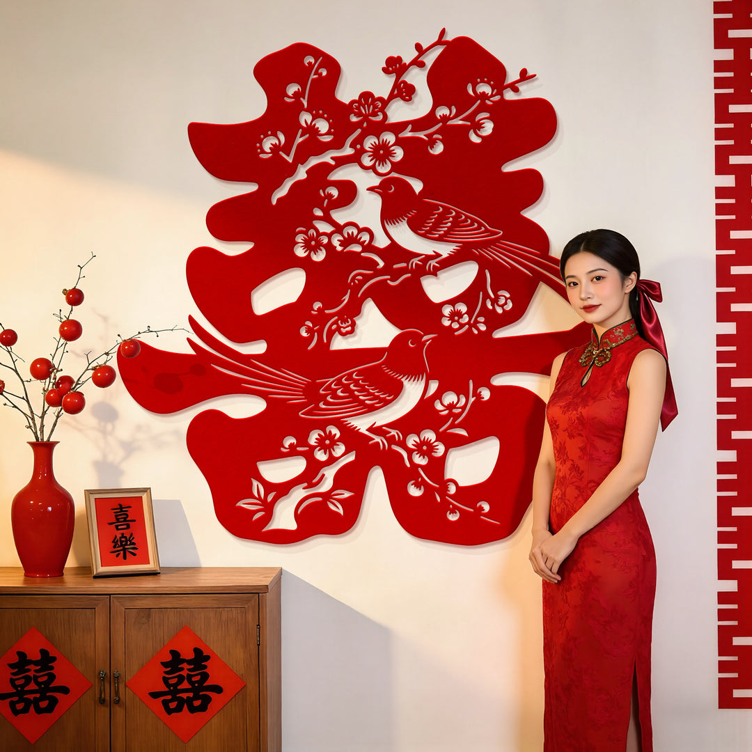 Chinese Double Happiness Wall Decoration with Magpie Plum Blossom Design