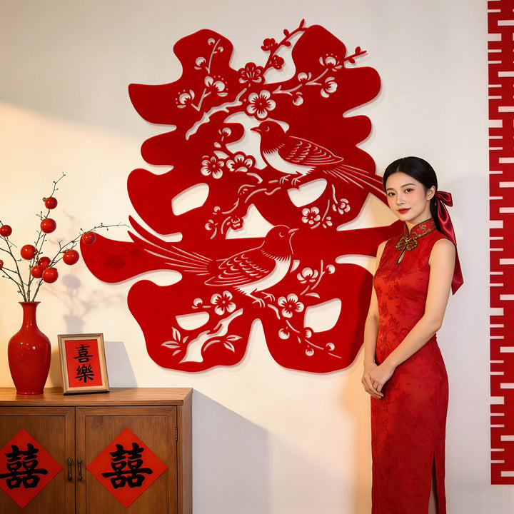Chinese Double Happiness Wall Decoration with Magpie Plum Blossom Design