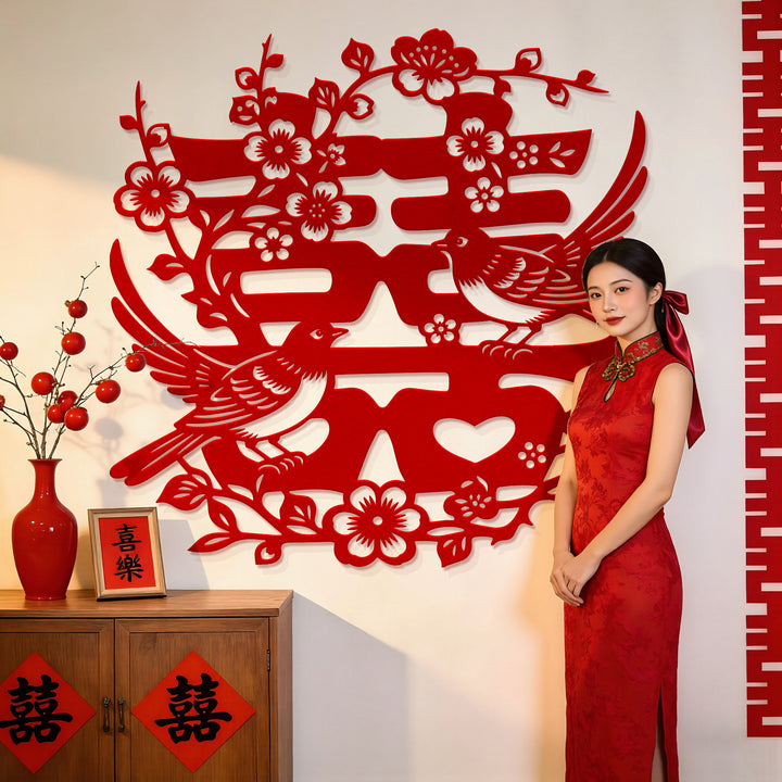 Chinese Double Happiness Wall Decoration with Magpie Plum Blossom Design