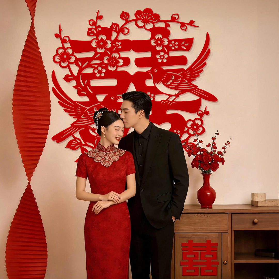 Chinese Double Happiness Wall Decoration with Magpie Plum Blossom Design