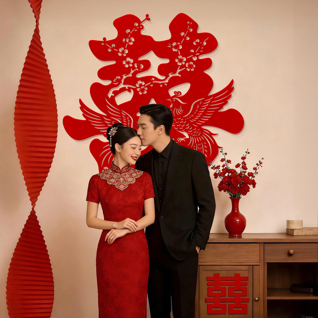 Chinese Double Happiness Wall Decoration with Magpie Plum Blossom Design