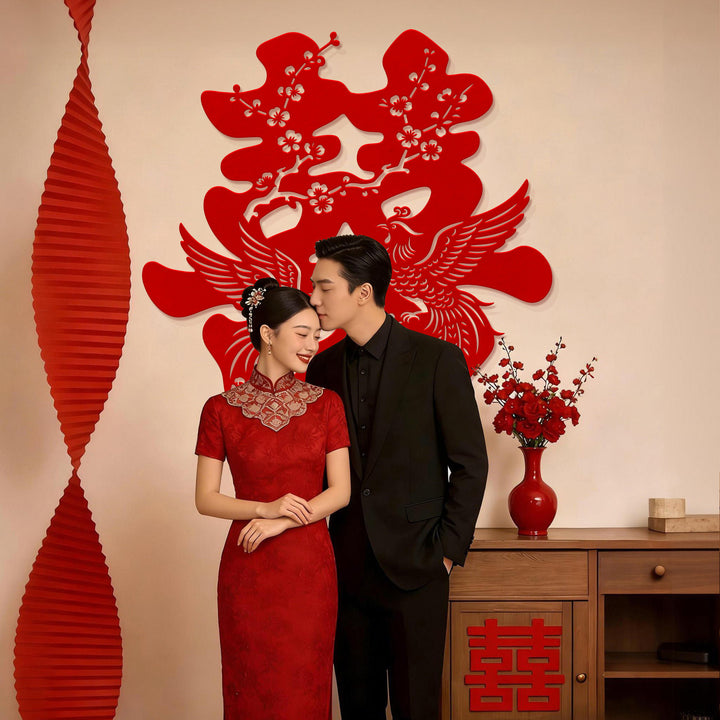 Chinese Double Happiness Wall Decoration with Magpie Plum Blossom Design