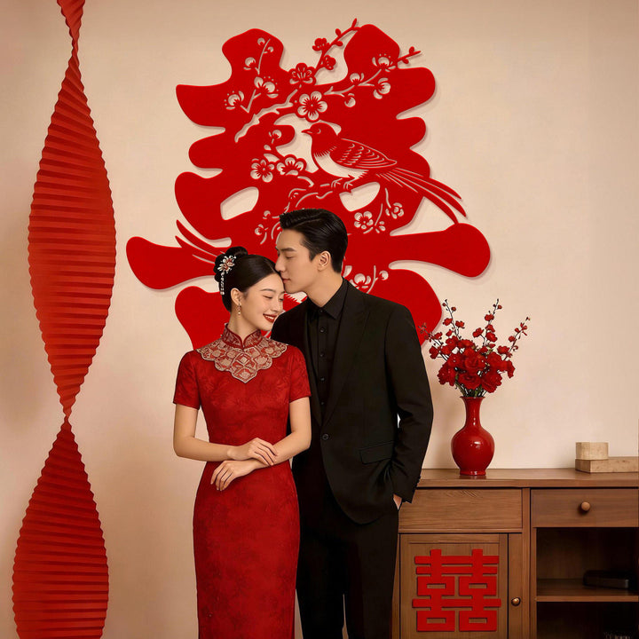 Chinese Double Happiness Wall Decoration with Magpie Plum Blossom Design