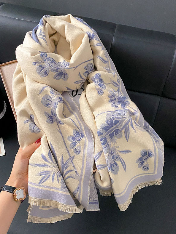Wool Blend Women Winter Floral Scarf Shawl