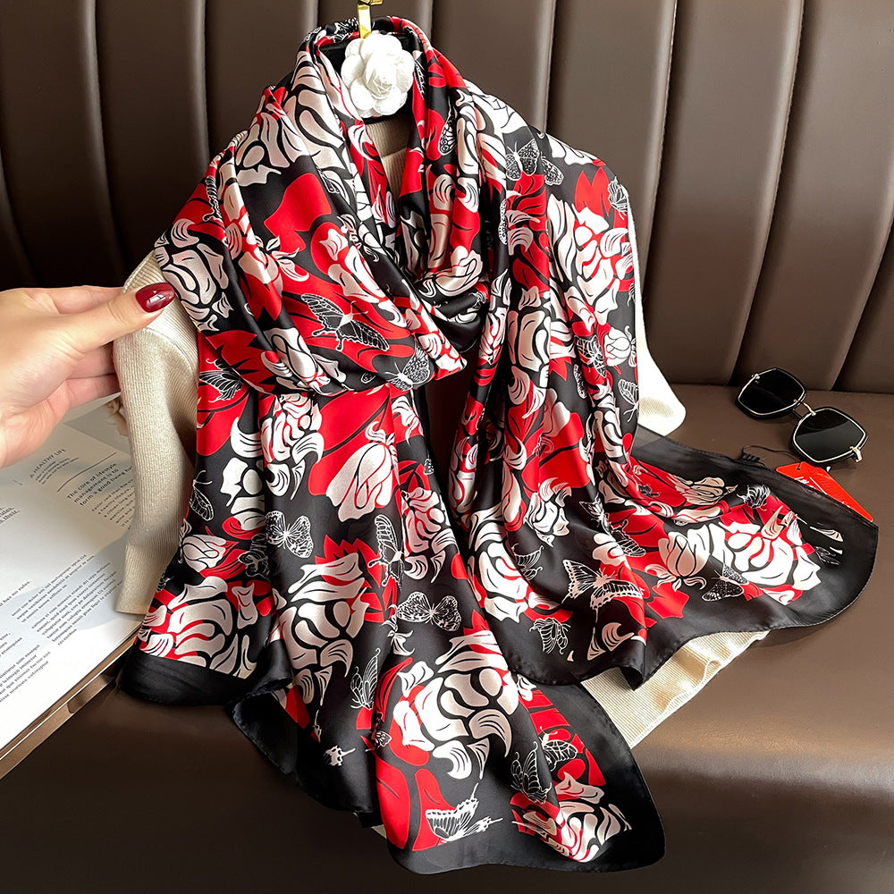 Floral Print Lightweight Satin Woman Scarf Shawl