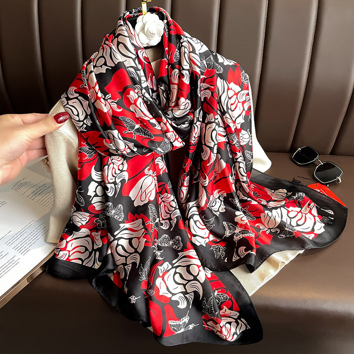 Floral Print Lightweight Satin Woman Scarf Shawl