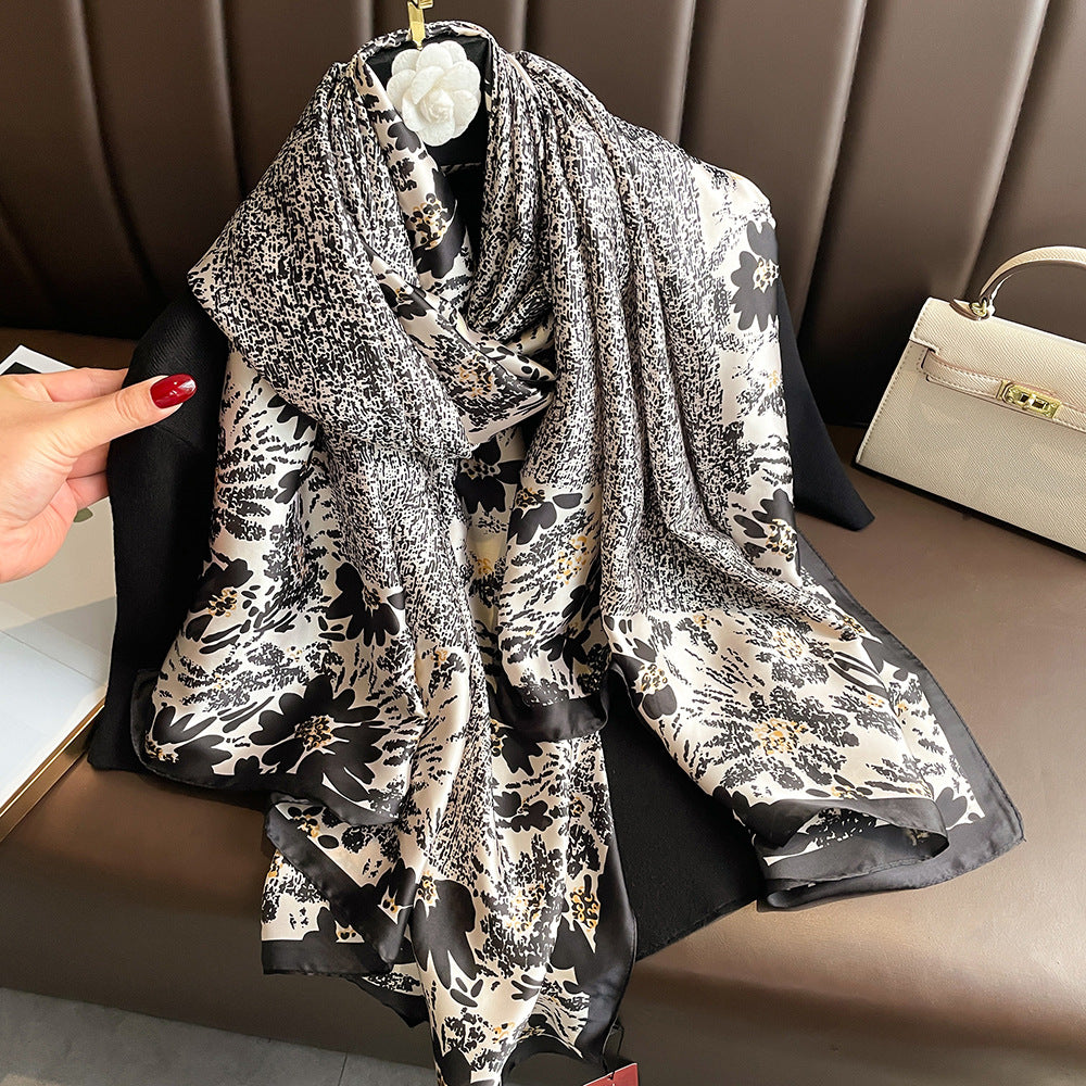 Floral Print Lightweight Satin Woman Scarf Shawl