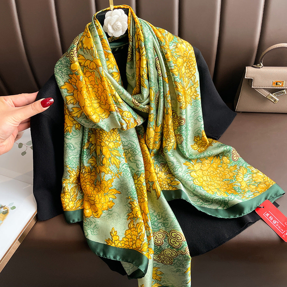 Floral Print Lightweight Satin Woman Scarf Shawl