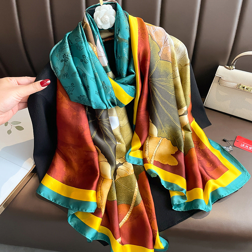 Floral Print Lightweight Satin Woman Scarf Shawl
