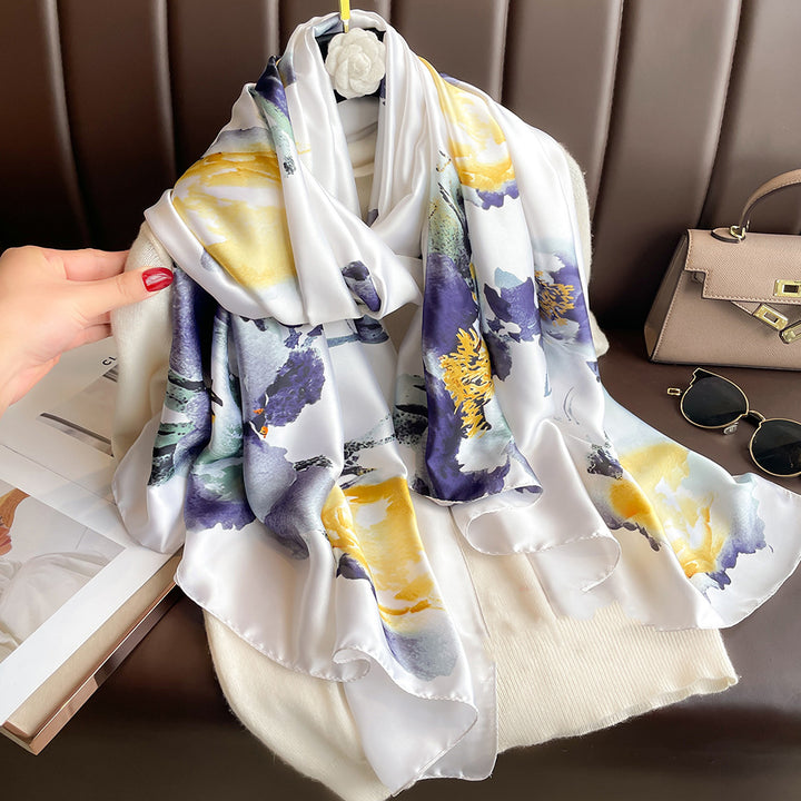 Floral Print Lightweight Satin Woman Scarf Shawl