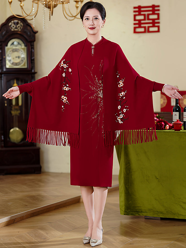 Burgundy Embroidered Mothers Knit Shawl Wrap Poncho with Fringe Hem
