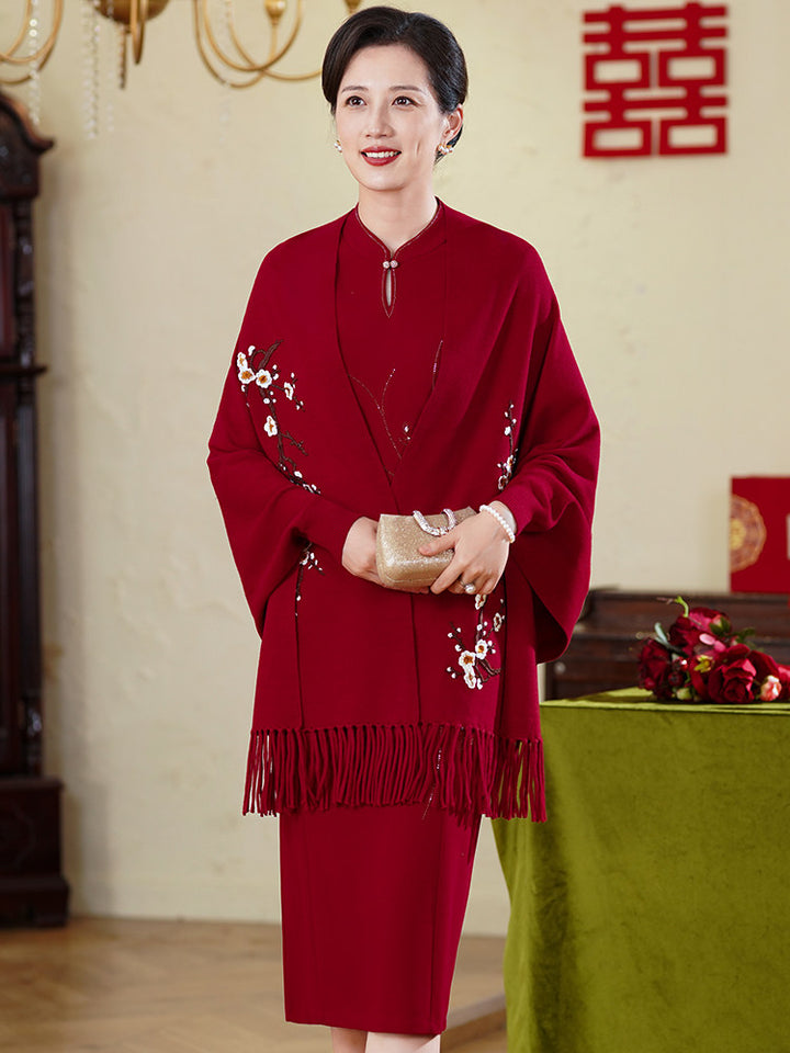 Burgundy Embroidered Mothers Shawl Wrap Poncho with Fringe Hem