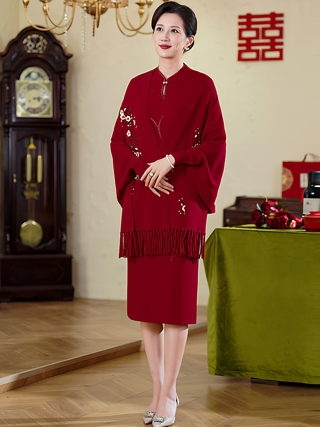 Burgundy Embroidered Mothers Knit Shawl Wrap Poncho with Fringe Hem