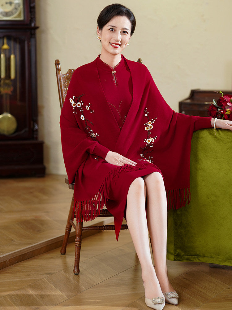 Burgundy Embroidered Mothers Knit Shawl Wrap Poncho with Fringe Hem