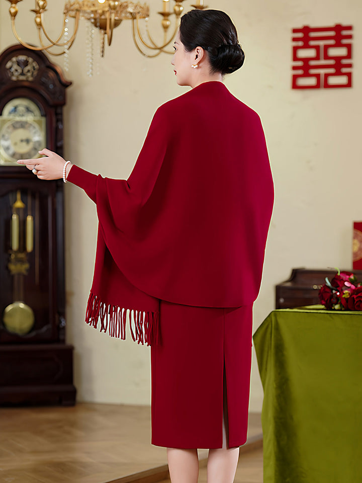 Burgundy Embroidered Mothers Knit Shawl Wrap Poncho with Fringe Hem