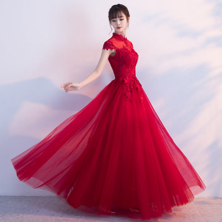 Red Floor Length Tulle Wedding Qipao Cheongsam Dress