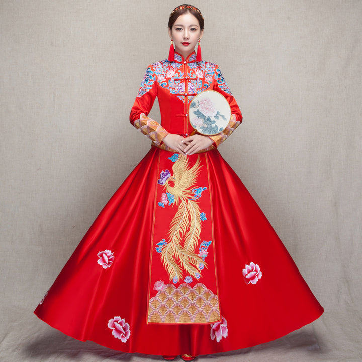 Clearance Phoenix Floral Embroidery Bridal Wedding Qun Gua