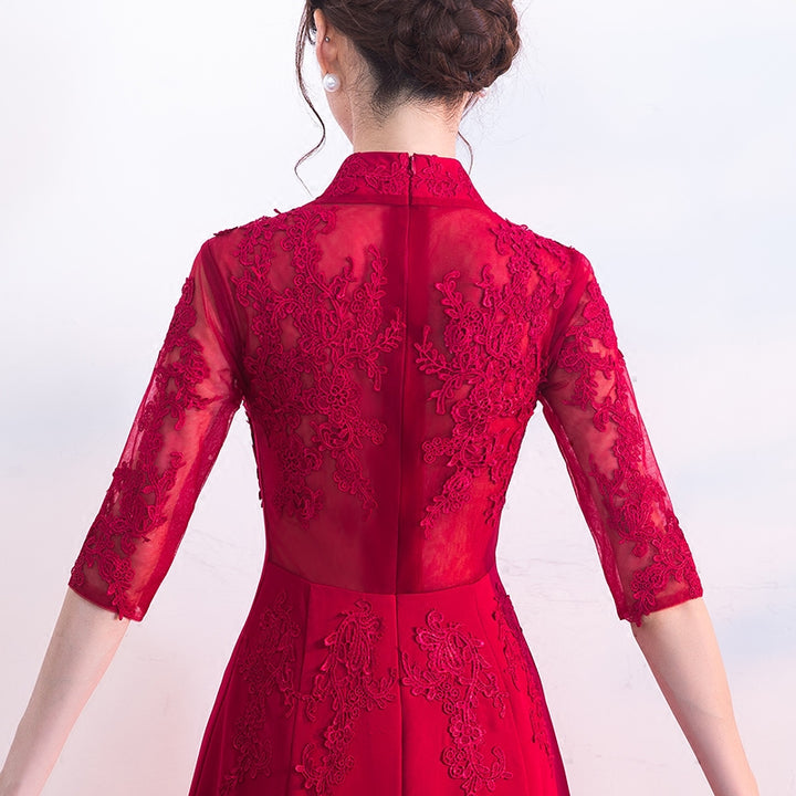 Wine Red A-Line Maxi Wedding Qipao Cheongsam Dress