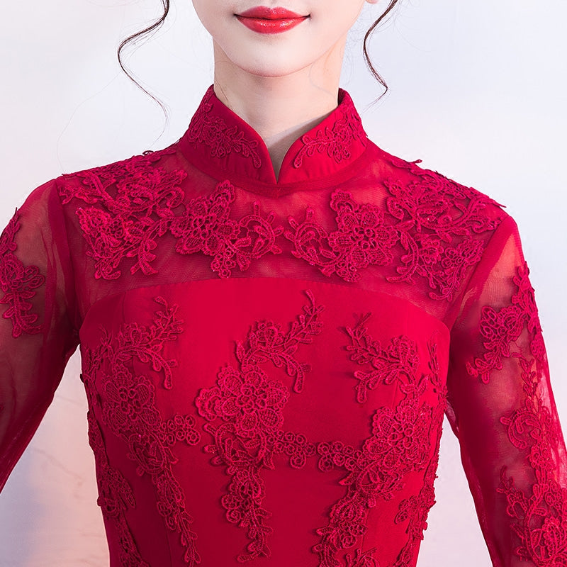 Wine Red A-Line Maxi Wedding Qipao Cheongsam Dress