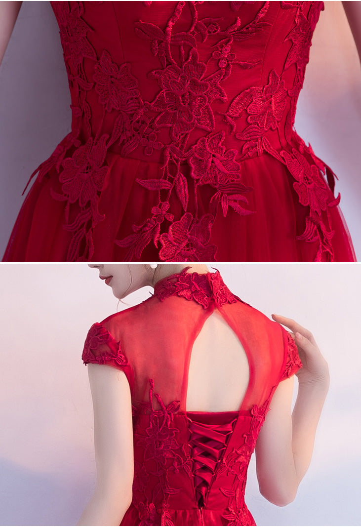 Red Floor Length Tulle Wedding Qipao Cheongsam Dress