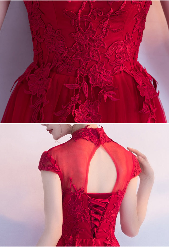 Red Floor Length Tulle Wedding Qipao Cheongsam Dress