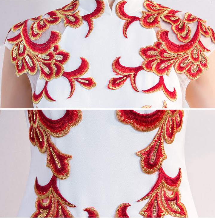 White Appliques Fishtail Qipao Cheongsam Dress
