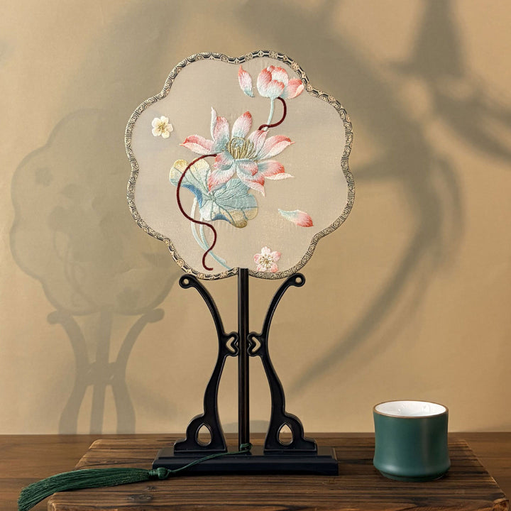 Chinese Embroidered Flower Farbic Handheld Fan Wedding Gifts