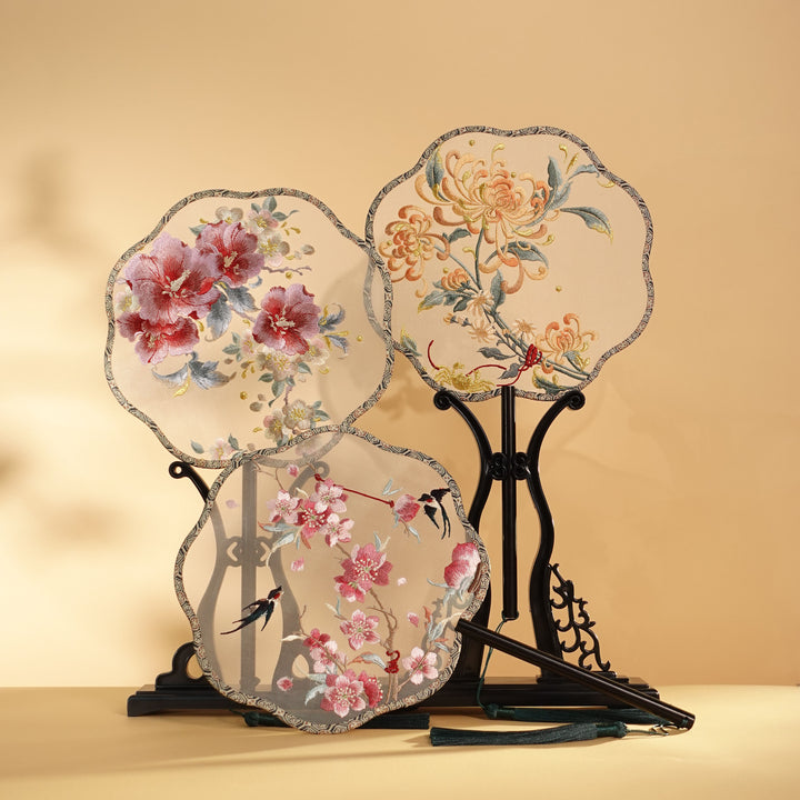 Chinese Embroidered Flower Farbic Handheld Fan Wedding Gifts