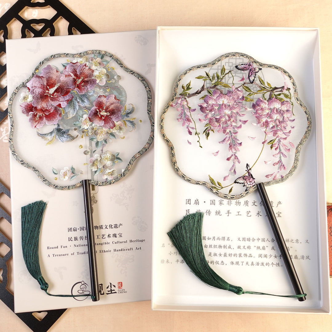 Chinese Embroidered Flower Farbic Handheld Fan Wedding Gifts