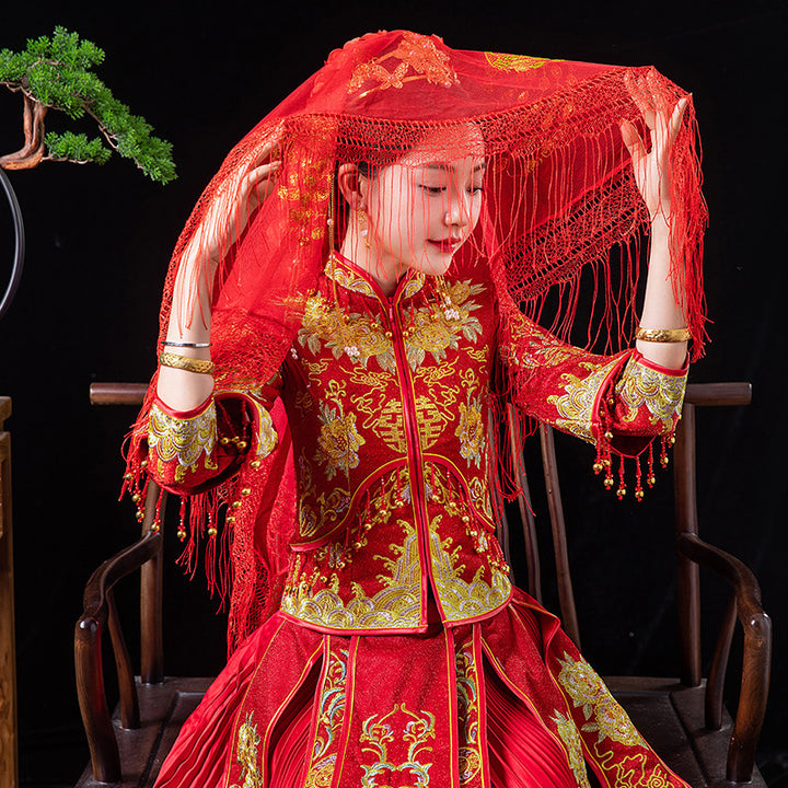 Red Mandarin Duck Chinese Wedding Bridal Mesh Veil