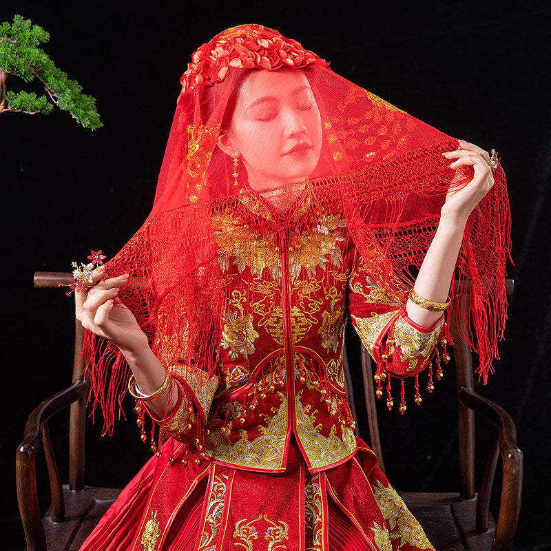 Red Mandarin Duck Chinese Wedding Bridal Mesh Veil
