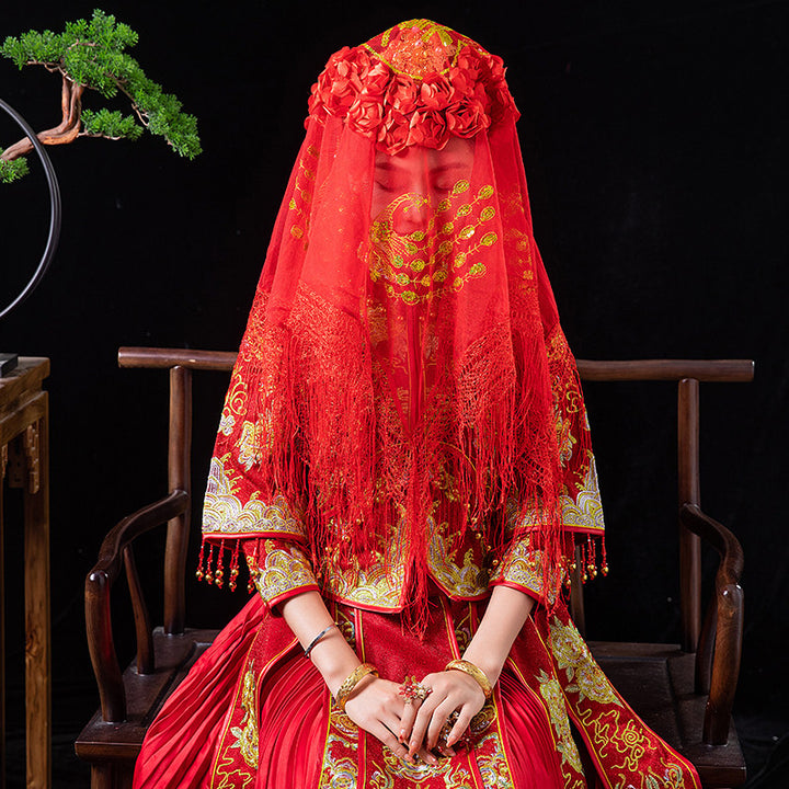 Red Mandarin Duck Chinese Wedding Bridal Mesh Veil