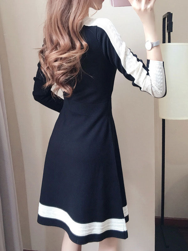 Black Color Block Knit Sweater A-line Dress
