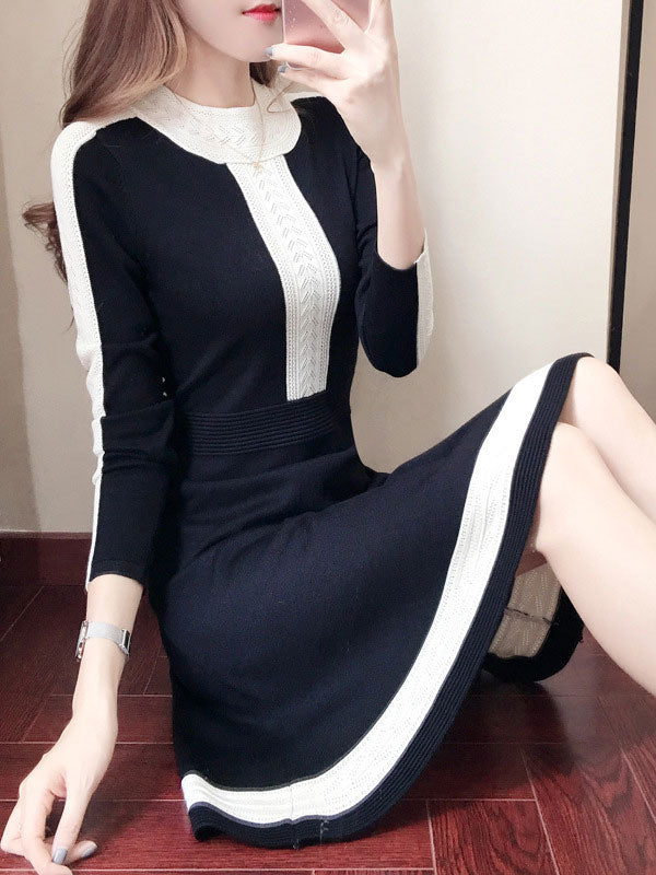 Black Color Block Knit Sweater A-line Dress