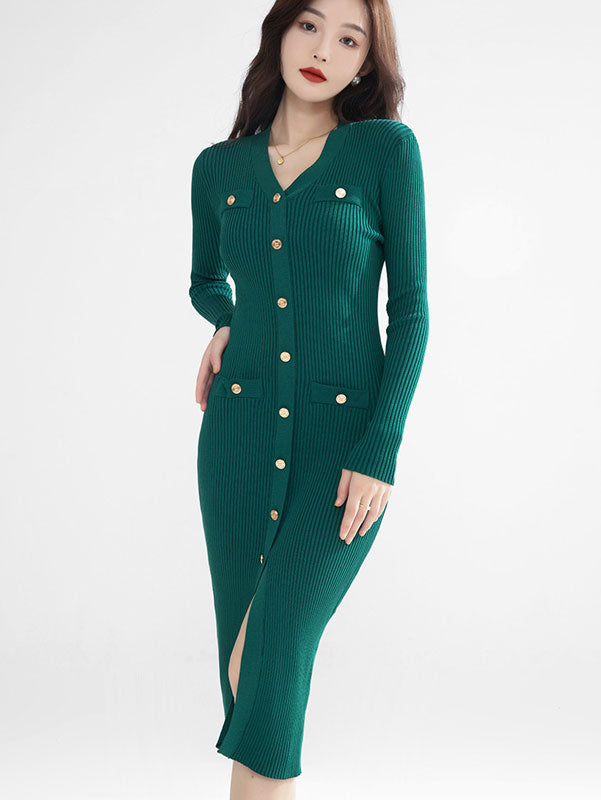 Green Black Winter Knit Sweater Midi Dress
