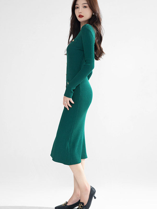 Green Black Winter Knit Sweater Midi Dress