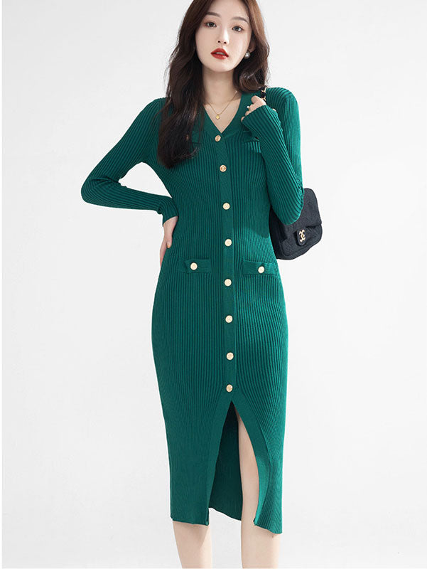 Green Black Winter Knit Sweater Midi Dress