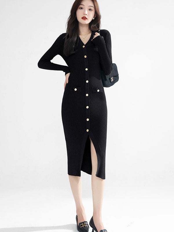 Green Black Winter Knit Sweater Midi Dress