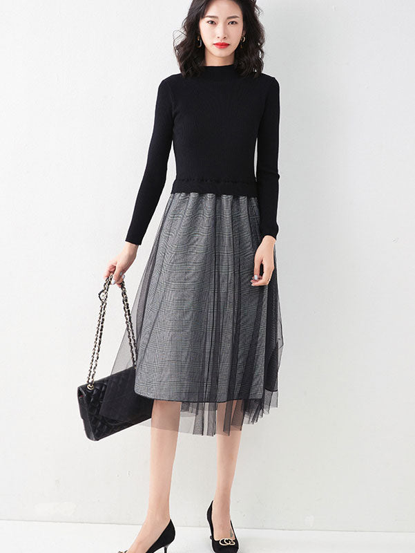 One Piece Black Plaid Knit Sweater Midi A-Line Dress