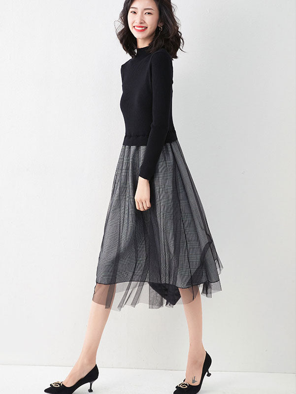 One Piece Black Plaid Knit Sweater Midi A-Line Dress - IMALLURE