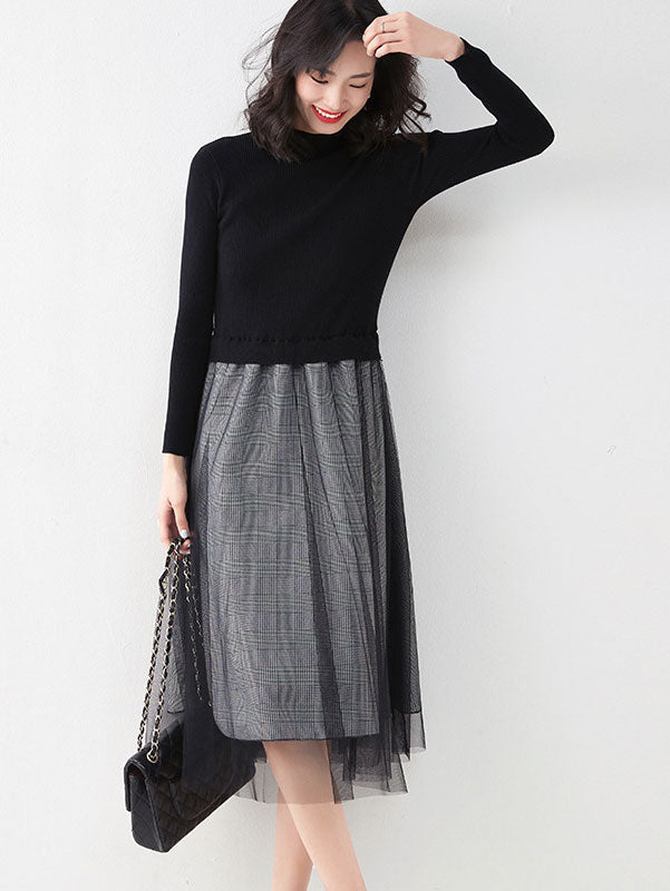 One Piece Black Plaid Knit Sweater Midi A-Line Dress