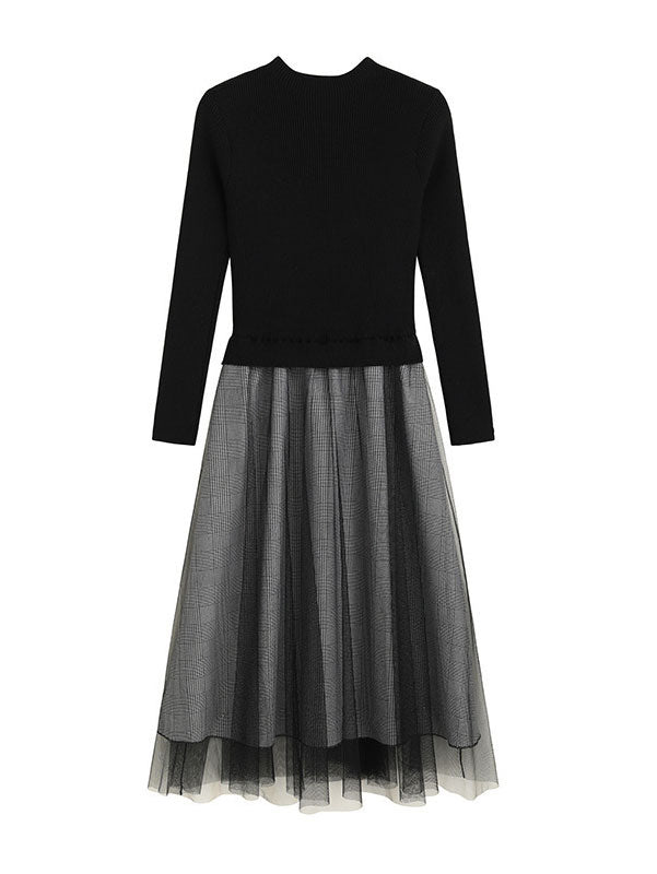 One Piece Black Plaid Knit Sweater Midi A-Line Dress