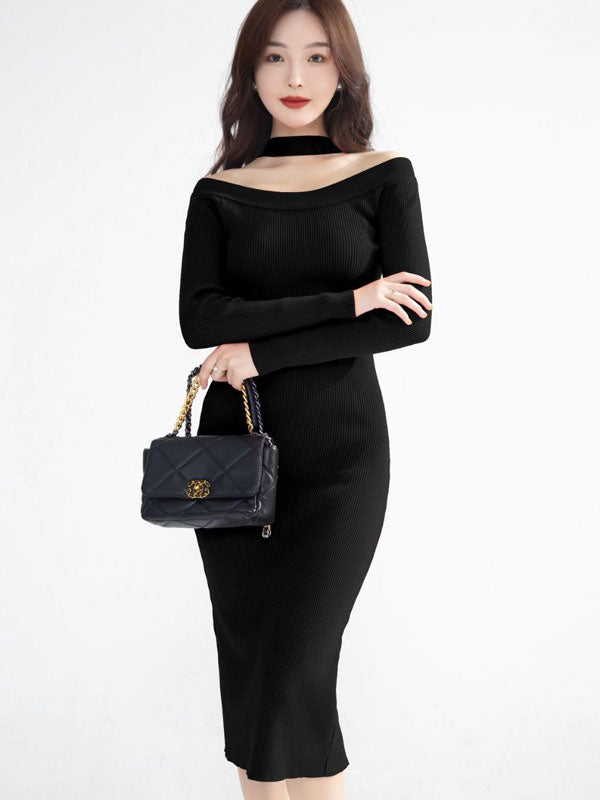 Red Black Winter Halter Cold Shoulder Knit Sweater Midi Dress