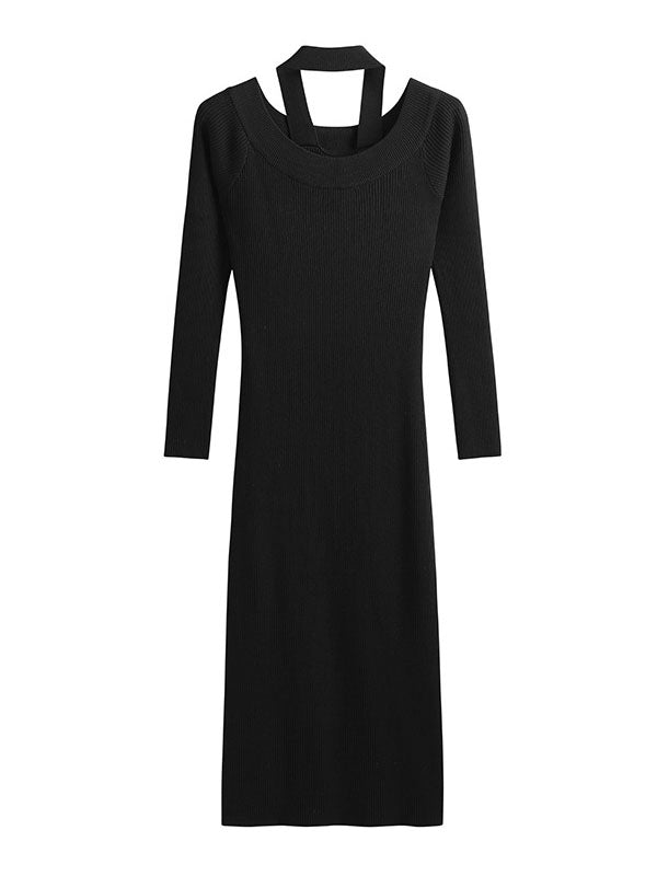 Red Black Winter Halter Cold Shoulder Knit Sweater Midi Dress